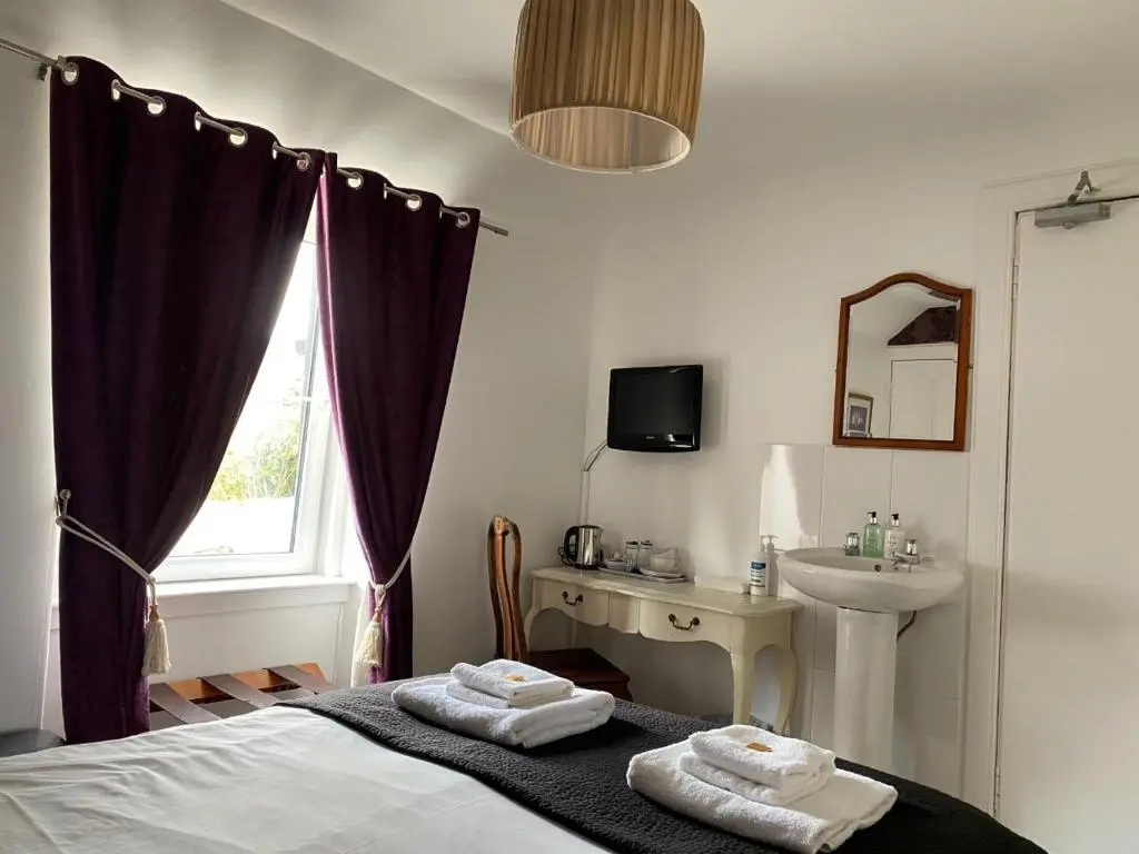 a bedroom with a bed and a sink and a mirror at Richmond House Hotel in Fort Augustus