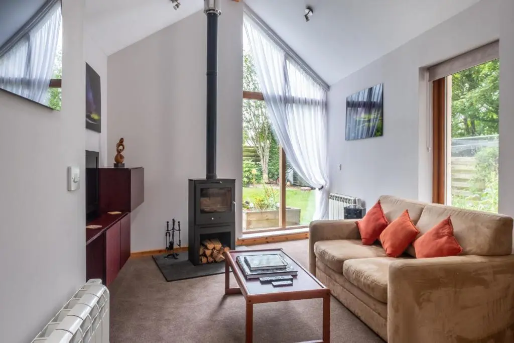 a living room with a couch and a fireplace at Contemporary One Bedroom Apartment Close To All Amenities In Conservation Area in Tain