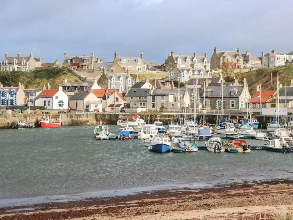 a group of boats docked in a harbor with houses at Harbour View in Buckie