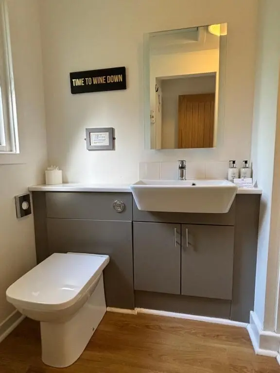 a bathroom with a sink and a toilet and a mirror at Bracken Lodge 7 with Hot Tub in Belladrum