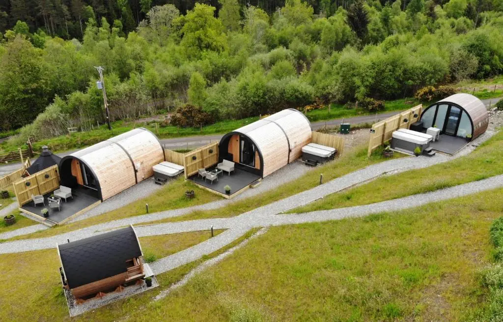 an overhead view of a group of tents in a field at Highland Premier Glamping Pods in Beauly