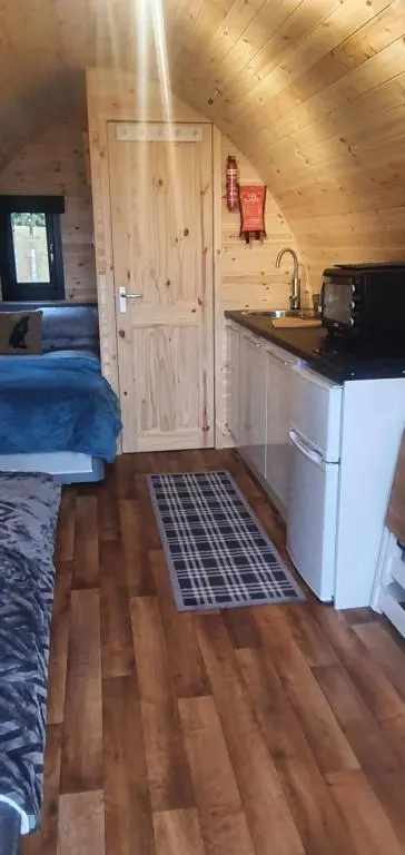 a room with a kitchen and a sink in a cabin at The Pod at Hollingwell House - Glamping NC500 Edderton in Balblair