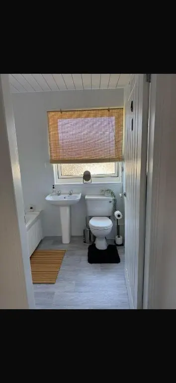 a bathroom with a toilet and a sink and a window at Haste Ye Back in Inverness