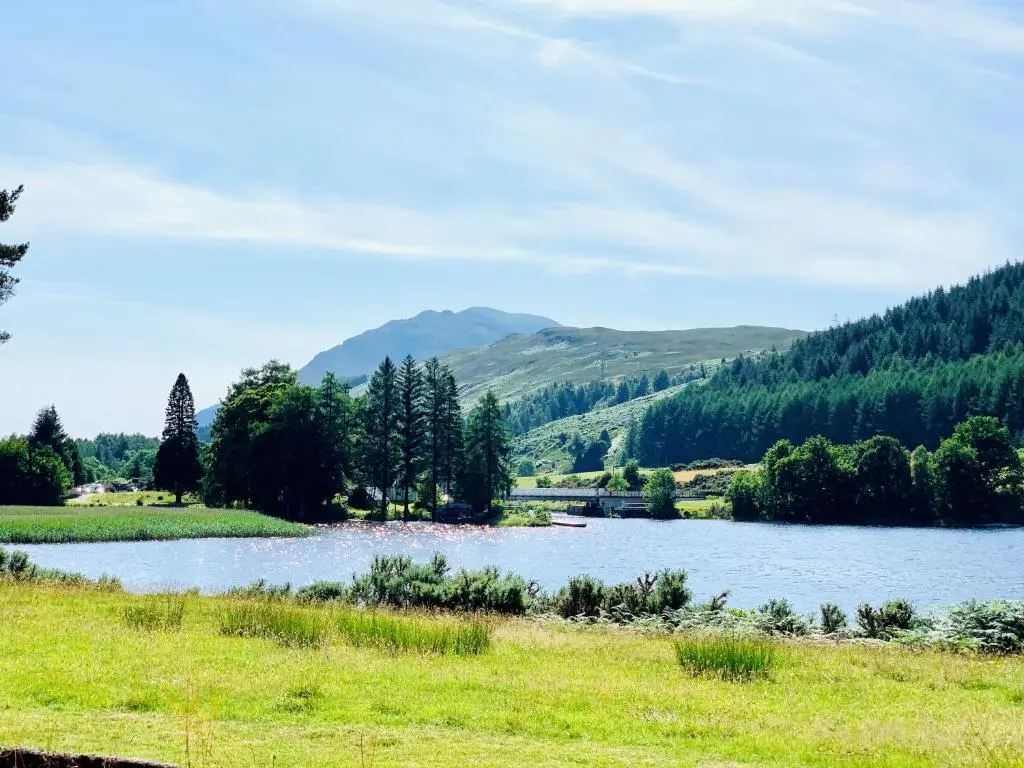 a lake in a field with a mountain in the background at Bright Star Lodge in Spean Bridge