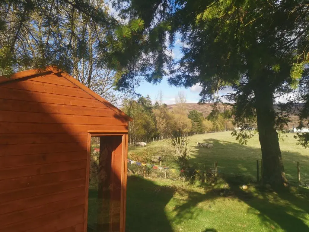 a small red shed with a tree and a field at Dalwhinnie Old School Hostel in Dalwhinnie