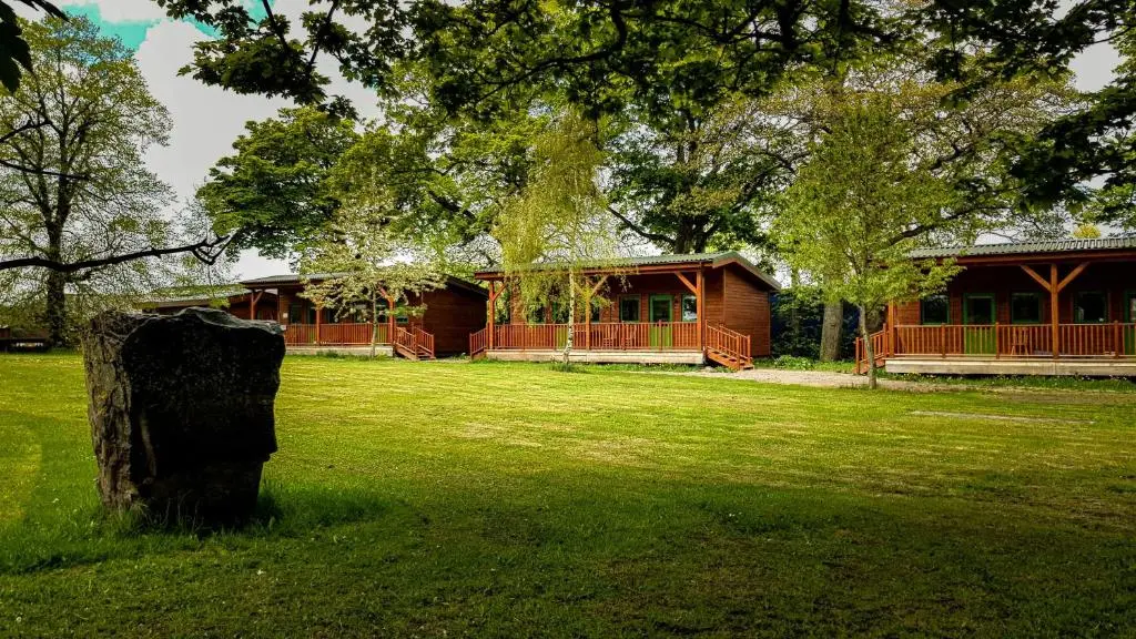a house in a field with a tree at Marcassie Farm Lodges - Hazel Studio in Forres