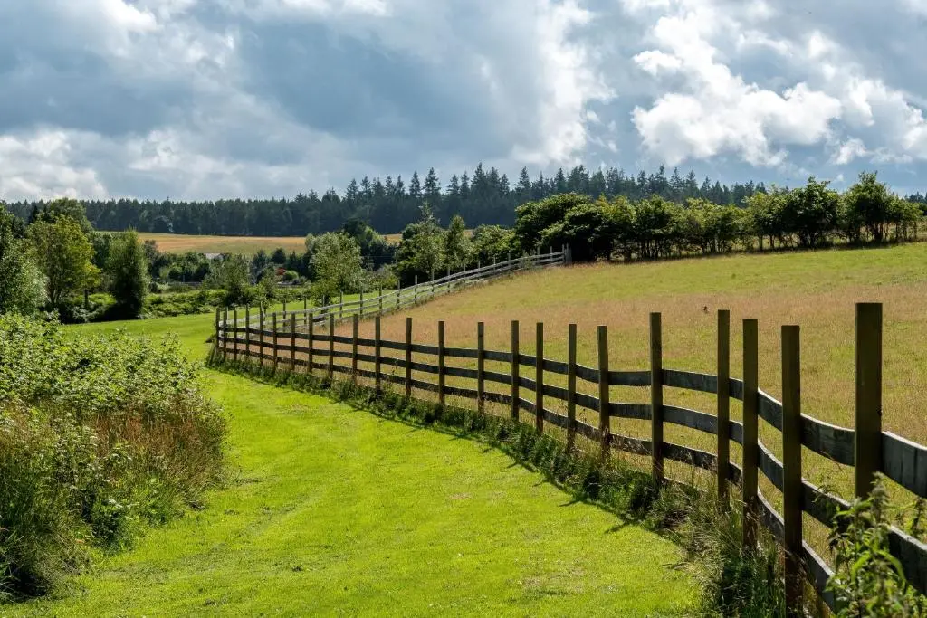 a wooden fence in a field with grass and trees at Marcassie Farm Lodges - Blackthorn Studio in Forres