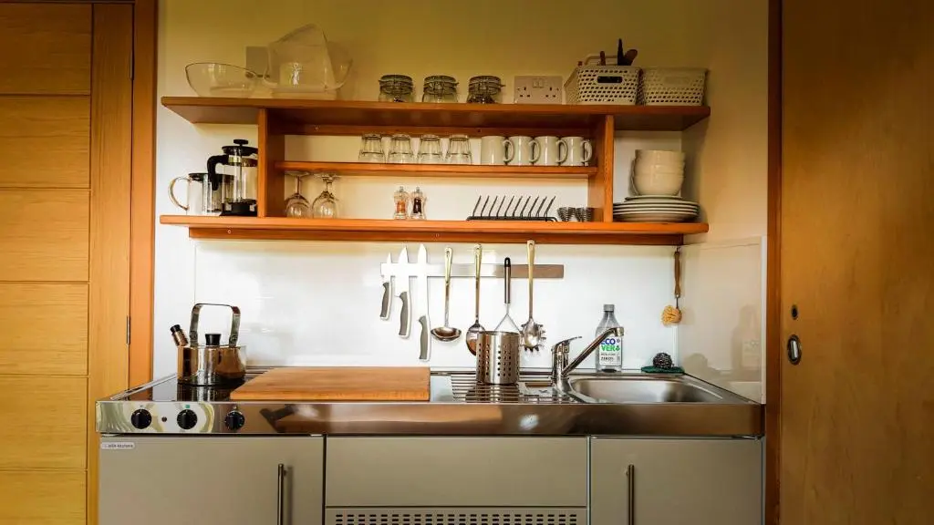 a kitchen with a sink and a counter top at Marcassie Farm Lodges - Blackthorn Studio in Forres