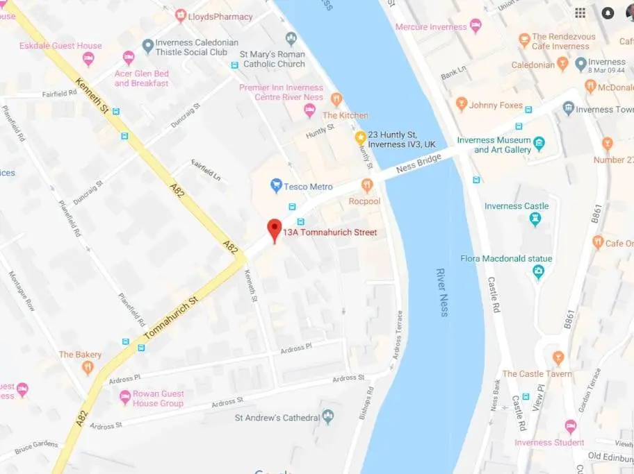 a map of a city with a red dot at The 'Fairy Hill' Apartment in Inverness