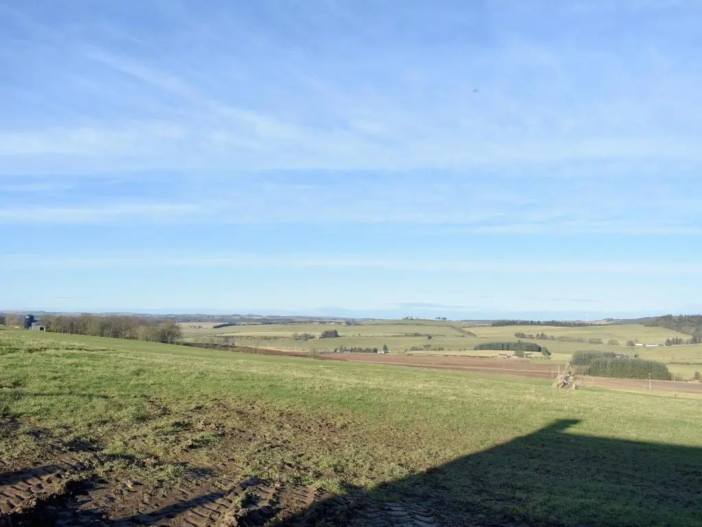 a view of a field with a shadow on the grass at Benwells Holiday Cottage in Maud