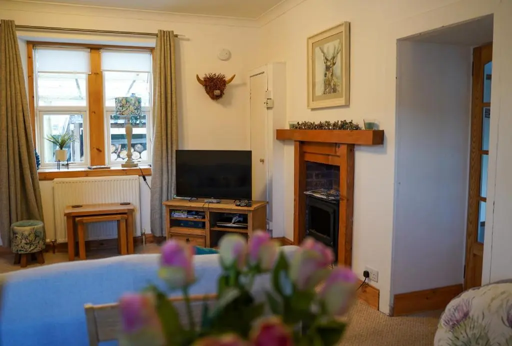 a living room with a blue couch and a television at Wee Blondie's Ski Cottage in Aviemore