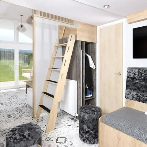 a bedroom with a bunk bed with a ladder in it at The Smolt Pod - Beautiful, luxury pod in Aberlour