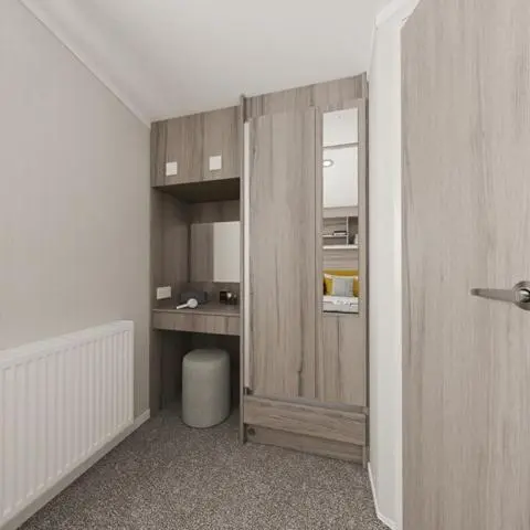 a room with a hallway with a desk and a mirror at The Trout Van - Beautiful, luxury static caravan in Aberlour
