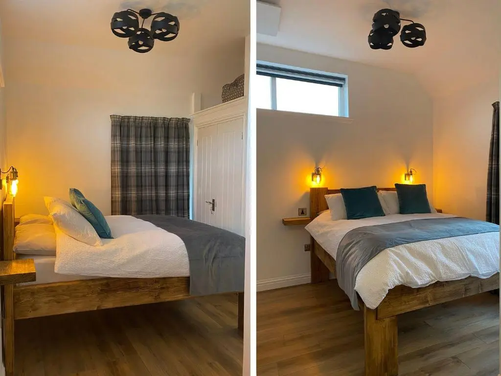 two pictures of a bedroom with a bed and a window at Butterfly Cottage in Grantown on Spey
