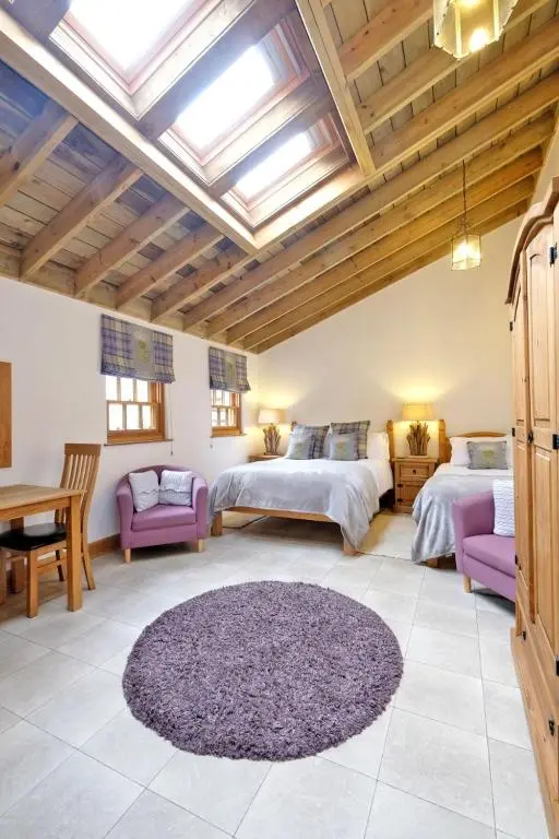 a bedroom with two beds and a purple rug at Entire unique tiny house - Moss Cabin in Banff