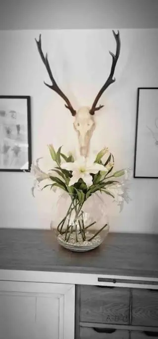 a vase with a deer head and flowers on a table at Corriegorm Cottage, Aviemore in Aviemore