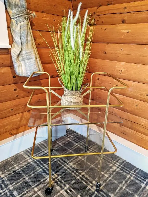 a plant in a vase on a glass table at Kaoglen Doe-Feature Bathroom-Cairngorms-Pets Allowed in Balnald
