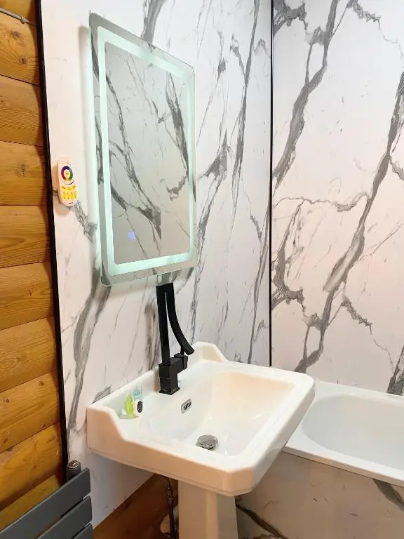 a bathroom with a sink and a mirror at Kaoglen Squirrel Drey-Hot Tub-Pet Friendly-Perth in Balnald