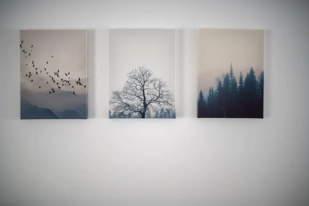 three pictures of trees and a flock of birds at Modern Ground Floor Apartment in Tornagrain in Inverness