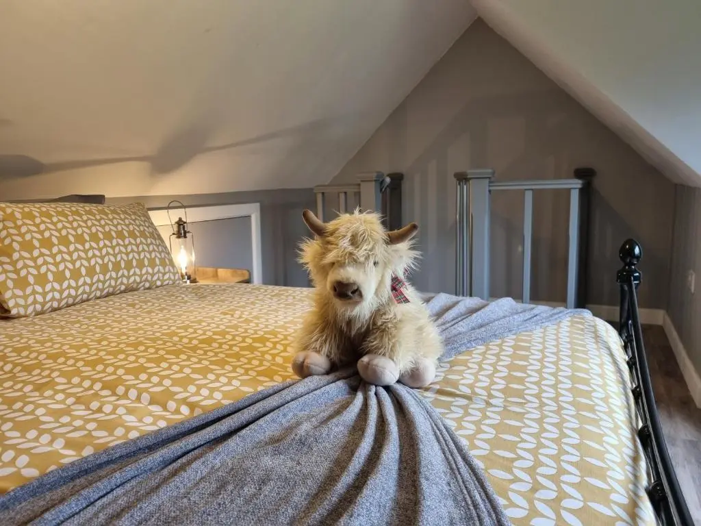 a small dog sitting on top of a bed at Cozy Nook in Spean Bridge