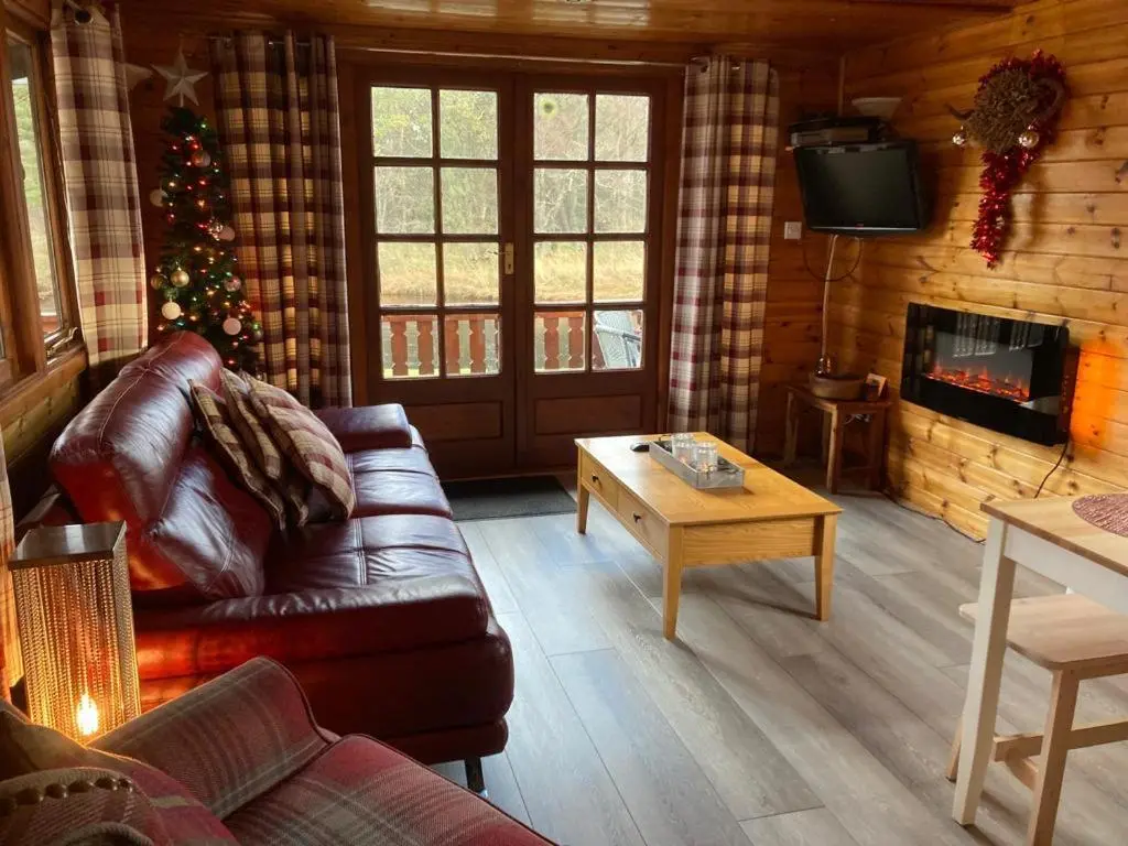 a living room with a leather couch and a christmas tree at RIVERSIDE LODGE RETREAT in Aviemore