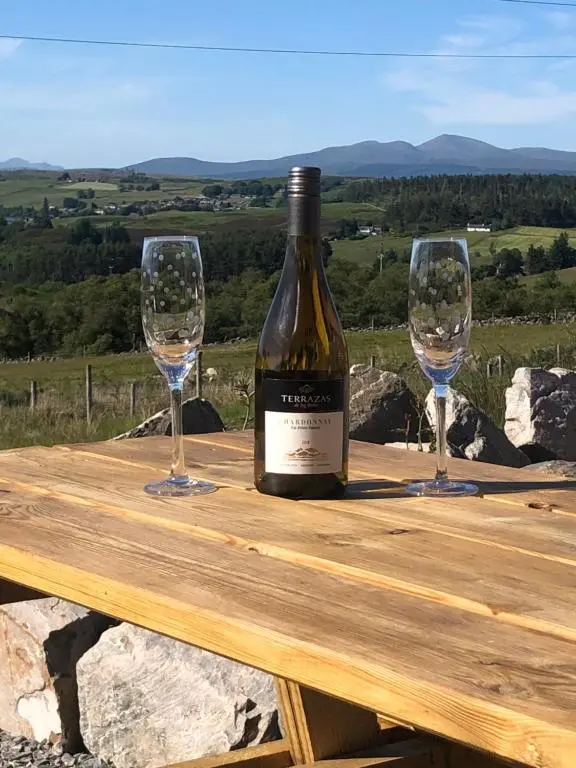 a bottle of wine sitting on a wooden table with two glasses at Ben Klibreck, Ben Hope, Ben Hee in Torroboll