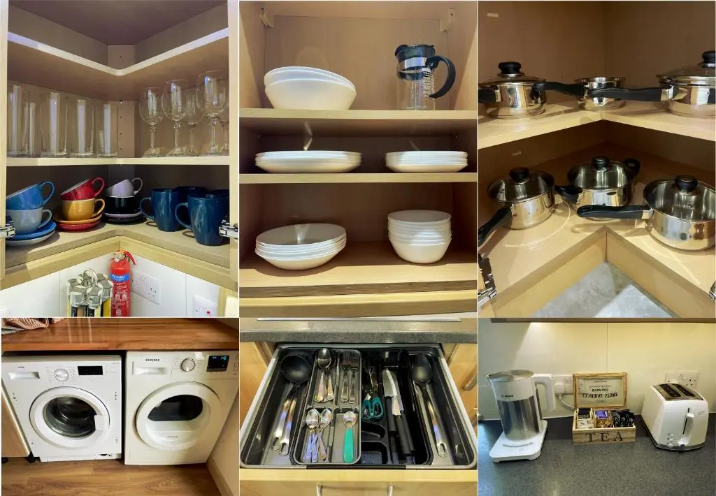 a collage of four photos of a kitchen with appliances at Columba House in Inverness