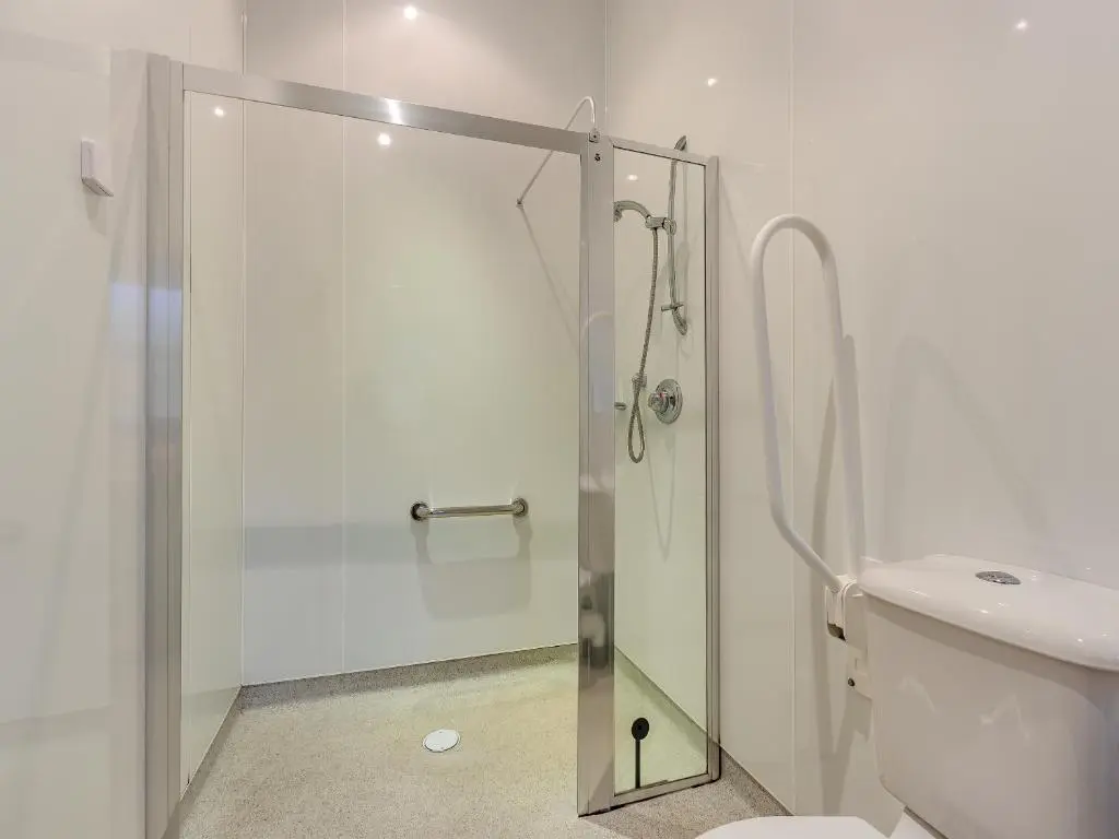 a shower with a glass door in a bathroom at Allt Na Criche - Ukc5762 in Laggan