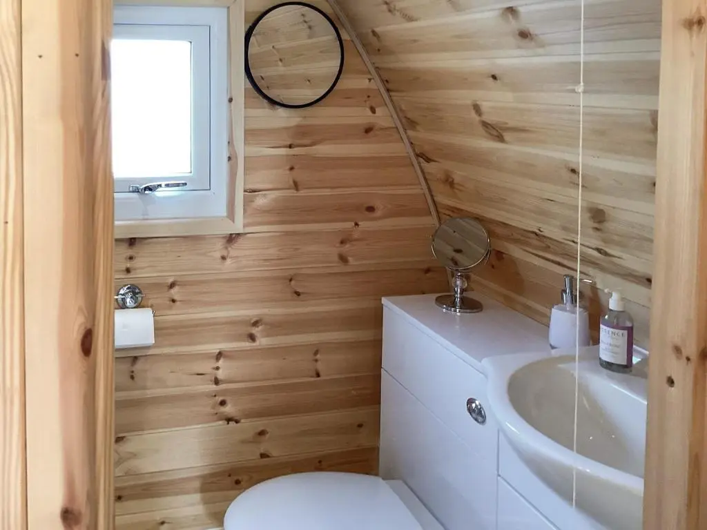 a small bathroom with a toilet and a sink at The Dalmore Pod in Alness