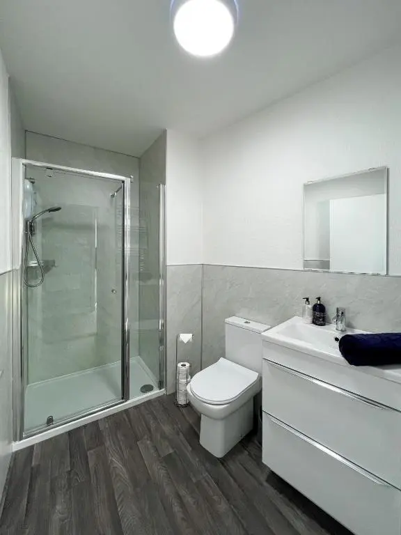 a bathroom with a shower and a toilet and a sink at Helens Lybster cosy cottage on NC500 in Lybster