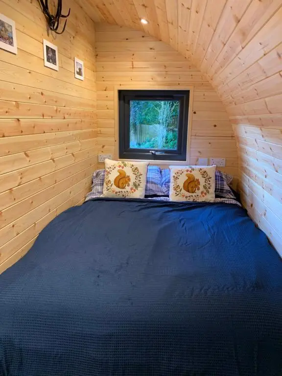 a bed in a log cabin with a window at Loch Ness Woodland Pods in Drumnadrochit