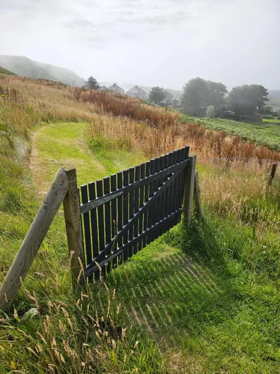 a bench sitting in the grass in a field at Dunbeath Coastal Retreat in Dunbeath