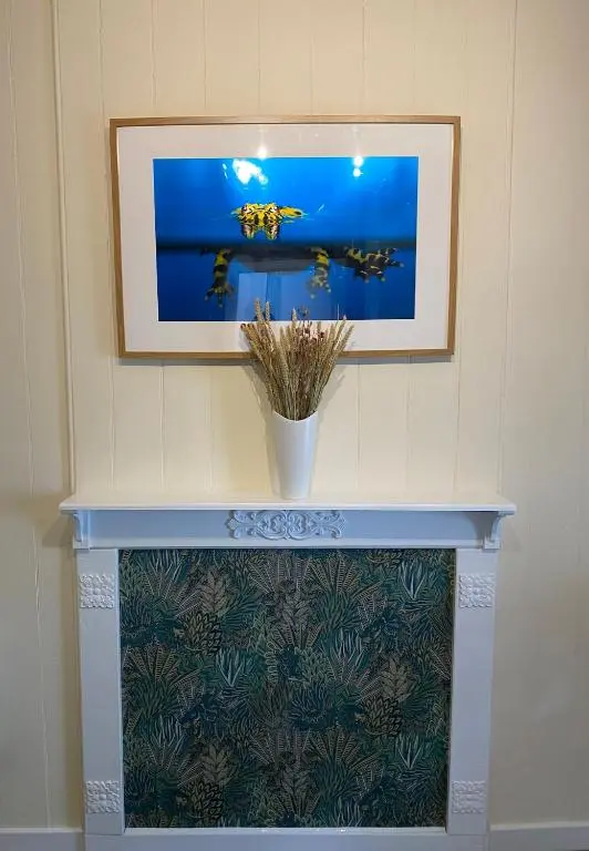 a shelf with a picture and a vase on it at Forsinard Lodge in Forsinard