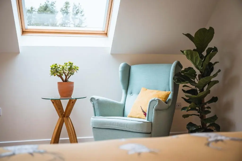 a blue chair in a room with a plant at Taighsona Bothy, Speyside - amazing views! in Archiestown