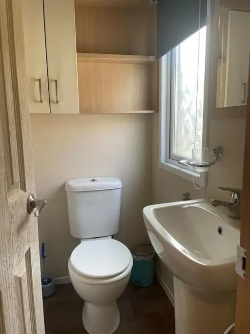 a bathroom with a white toilet and a sink at Freedom Lodge-Aviemore with FREE Starlink Superfast broadband 150mbps - All bedding and towels included - Pet Free in Aviemore