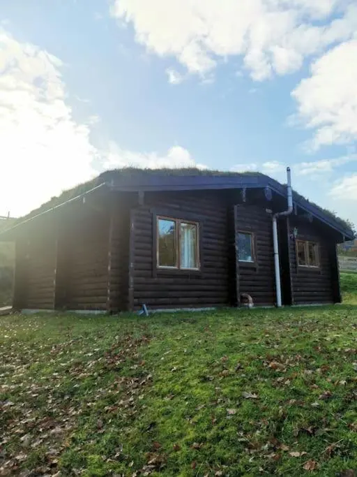 a small house with a grass yard in front of it at Riverside Lodge in Killiecrankie in Bridge of Tilt