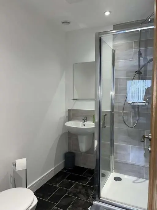 a bathroom with a shower and a toilet and a sink at Lovely one bed, open plan studio apartment. in Culloden