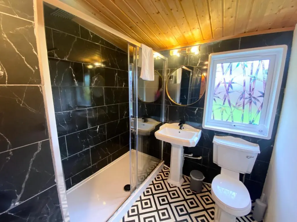 a bathroom with a toilet and a sink and a shower at Kaoglen Warren - Pet friendly - Hot Tub - Cairngorms in Blairgowrie