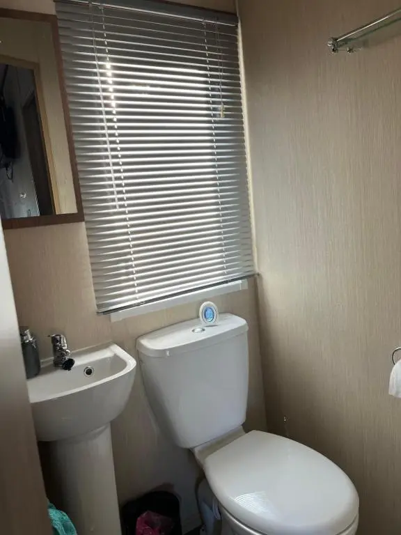 a bathroom with a toilet and a sink and a window at Playa la Casa in Lossiemouth