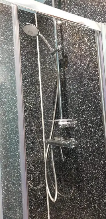 a shower with a shower head on a glass door at Kenneth Street Apartment in Inverness