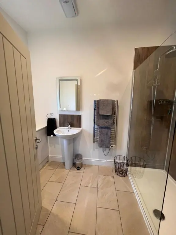 a bathroom with a sink and a shower at Old Schoolhouse in Lairg