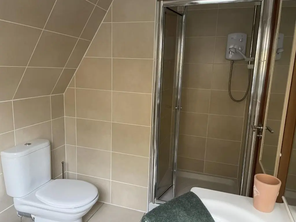a bathroom with a toilet and a shower at Caledonia Lodge in Spean Bridge