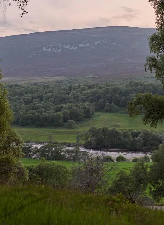 a view of a valley with a river and trees at The Dell at Glenlivet in Glenlivet