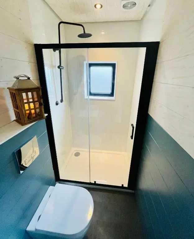 a bathroom with a toilet and a glass shower at The Roost in Aviemore