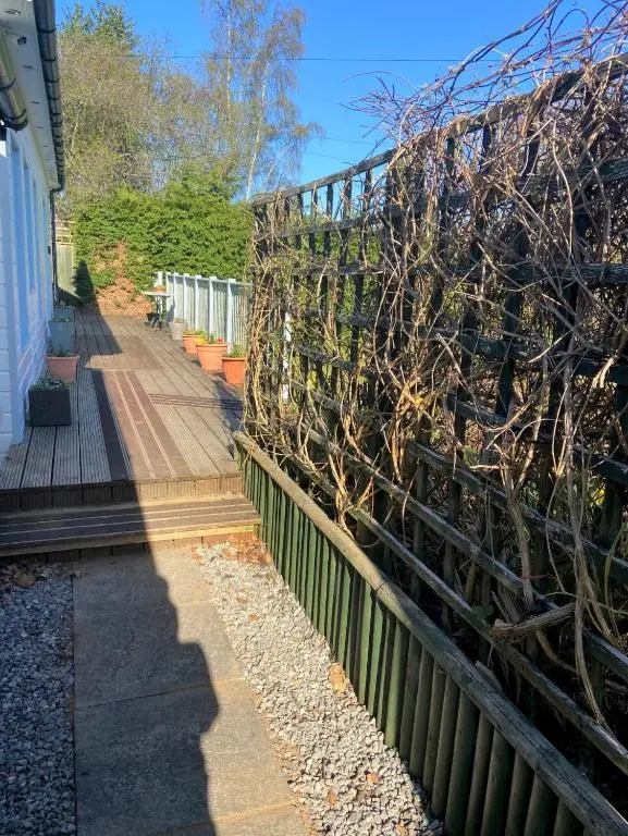 a fence with a tree on the side of it at Chalet on the Green - Self Contained with parking. in Inshes