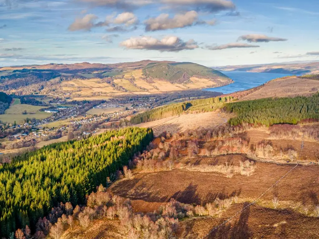 an aerial view of a valley with trees and water at Holiday Home Achmony Green by Interhome in Drumnadrochit