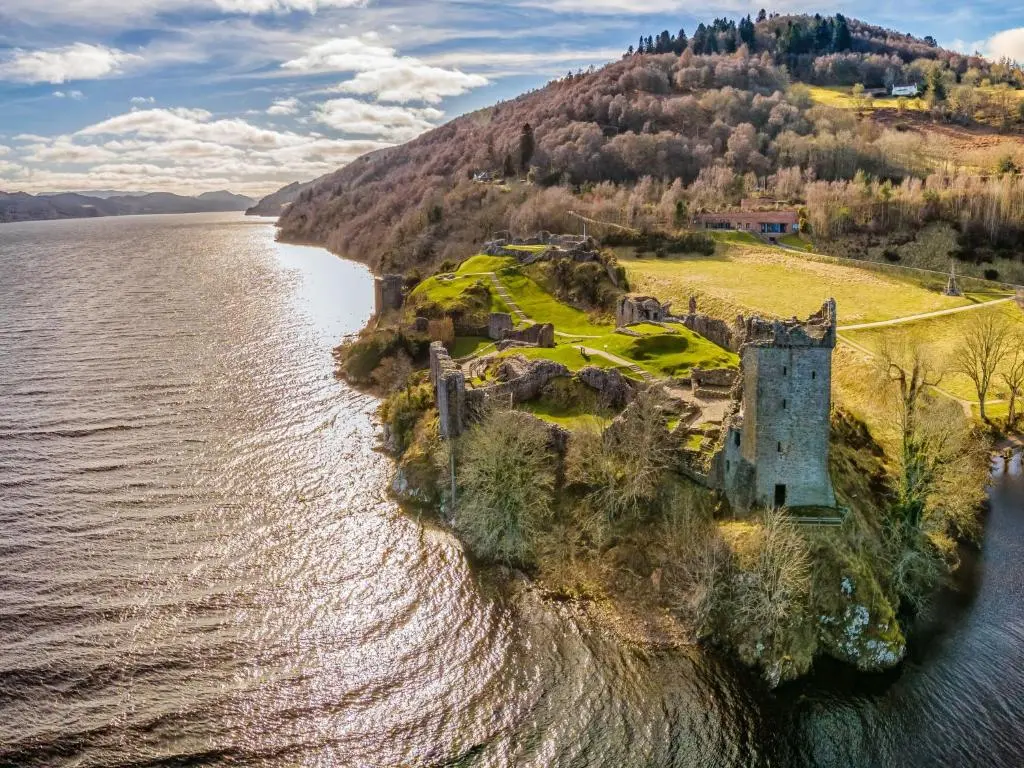 an aerial view of a castle on an island in the water at Holiday Home Achmony Green by Interhome in Drumnadrochit